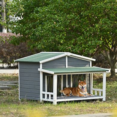 Mondawe 2 Doors Large Wooden Dog House Outdoor, Cabin Style Dog Crate With Porch