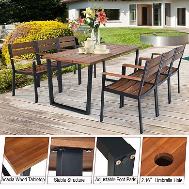 Mondawe 7-Piece Outdoor Set,2.16" Umbrella Hole Solid Acacia Wood Table & Powder-Coated Steel Chairs