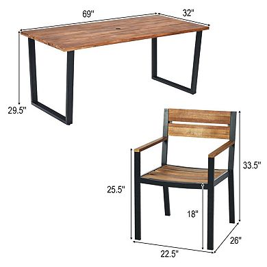 Mondawe 7-Piece Outdoor Set,2.16" Umbrella Hole Solid Acacia Wood Table & Powder-Coated Steel Chairs