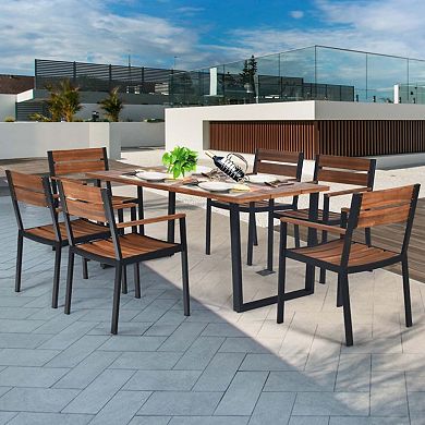 Mondawe 7-Piece Outdoor Set,2.16" Umbrella Hole Solid Acacia Wood Table & Powder-Coated Steel Chairs