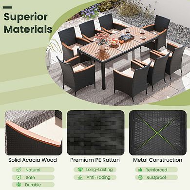Mondawe 9-Piece Outdoor Dining Set,Acacia Table W/ Umbrella Hole,Waterproof Cushions Rattan Chairs