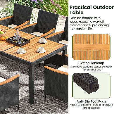 Mondawe 9-Piece Outdoor Dining Set,Acacia Table W/ Umbrella Hole,Waterproof Cushions Rattan Chairs