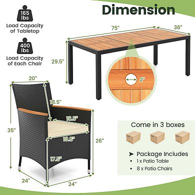 Mondawe 9-Piece Outdoor Dining Set,Acacia Table W/ Umbrella Hole,Waterproof Cushions Rattan Chairs