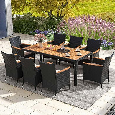Mondawe 9-Piece Outdoor Dining Set,Acacia Table W/ Umbrella Hole,Waterproof Cushions Rattan Chairs