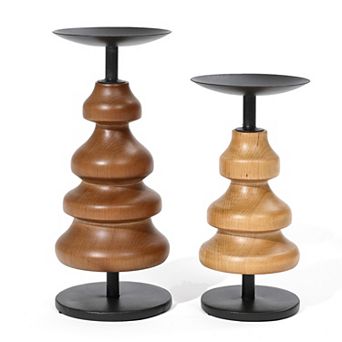 LuxenHome 2 pc Birch Wood With Metal Pillar Candle Holder Set