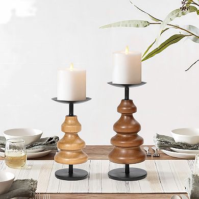 LuxenHome 2-piece Birch Wood With Metal Pillar Candle Holder Set