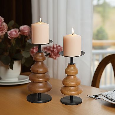 LuxenHome 2-piece Birch Wood With Metal Pillar Candle Holder Set