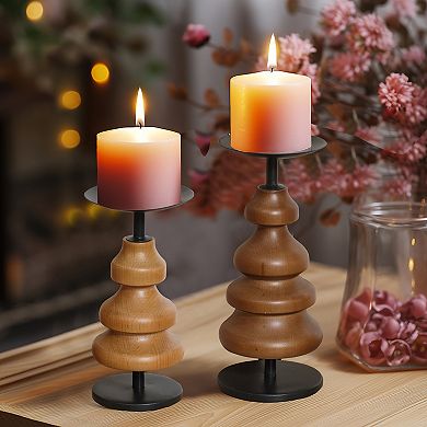 LuxenHome 2-piece Birch Wood With Metal Pillar Candle Holder Set