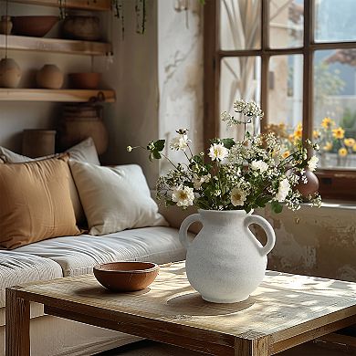 LuxenHome White Ceramic Jug Round Vase With Two Handles
