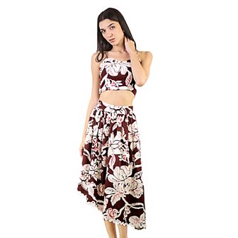 Women's 2 pc Floral Print Smocked Crop Top Knee Length Asymmetrical Skirt Set