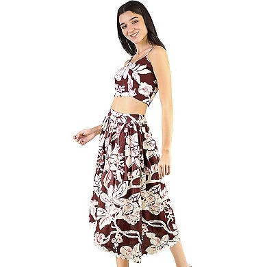 Women's 2-Piece Floral Print Smocked Crop Top Knee Length Asymmetrical Skirt Set