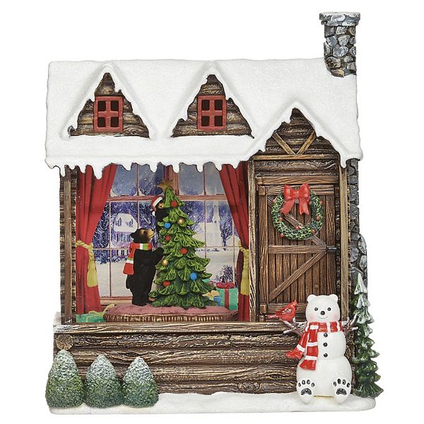 Roman Lighted Swirl Cabin with Bear Decorating Tree Table Decor
