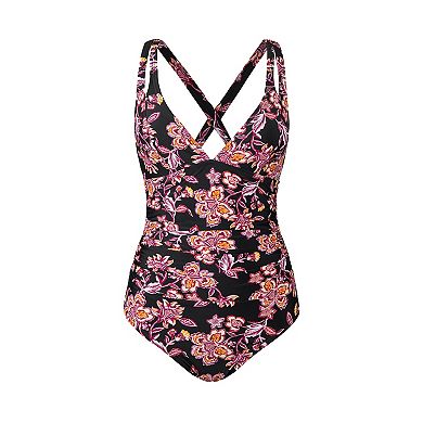 Women's Cupshe Floral V-Neck Crossback Tummy Control One-Piece Swimsuit