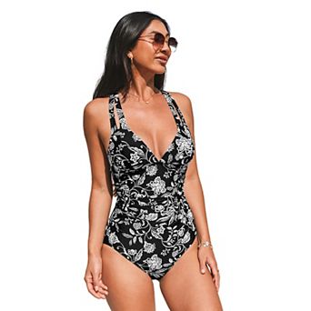 Women's Cupshe Floral V-Neck Crossback Tummy Control One-Piece Swimsuit