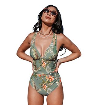 Women's Cupshe Floral V-Neck Crossback Tummy Control One-Piece Swimsuit