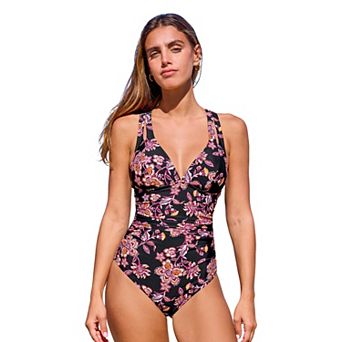 Women's Cupshe Floral V-Neck Crossback Tummy Control One-Piece Swimsuit