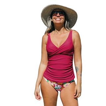 Women's Cupshe Twist Shirred Front Tankini Swim Top & Mid Rise Swim Bottoms Set