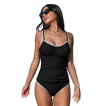 Women's Cupshe Scoop Neck Shell Stitched Tankini Swim Top & Mid Rise Swim Bottoms Set