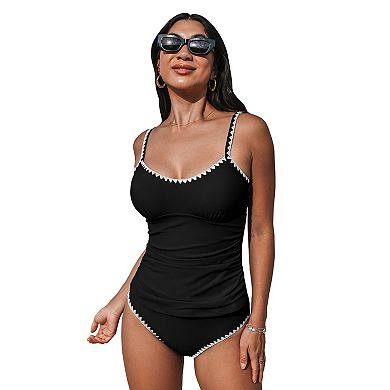 Women's Cupshe Scoop Neck Shell Stitched Tankini Swim Top & Mid Rise Swim Bottoms Set