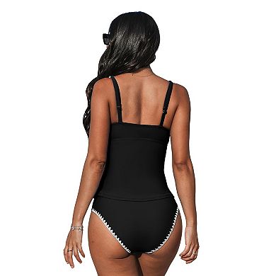 Women's Cupshe Scoop Neck Shell Stitched Tankini Swim Top & Mid Rise Swim Bottoms Set