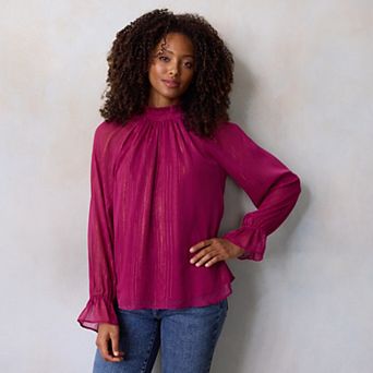 Juniors' LC Lauren Conrad Shirred Neck Long-Sleeve Blouse