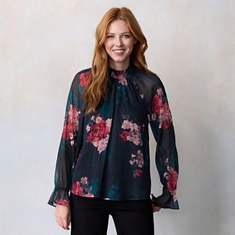 Juniors' LC Lauren Conrad Shirred Neck Long-Sleeve Blouse