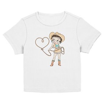 Juniors' Betty Boop Cowgirl Heart Shape Rope Lasso Graphic Baby Tee