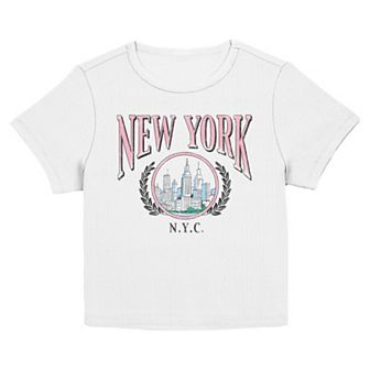 Juniors' New York City Skyline Stamp Graphic Baby Tee