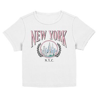 Juniors' New York City Skyline Stamp Graphic Baby Tee