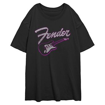 Juniors' Fender Guitar Neon Pink Outline Oversized Graphic Tee