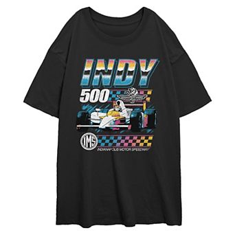 Juniors' Indy 500 Checkered Race Car Oversized Graphic Tee