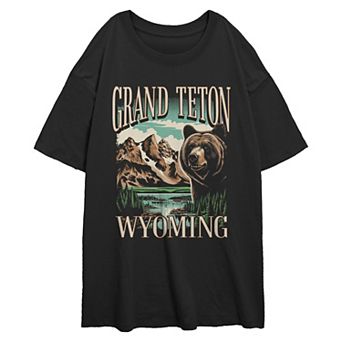 Juniors' Grand Teton Wyoming Bear Mountain Scene Oversized Graphic Tee