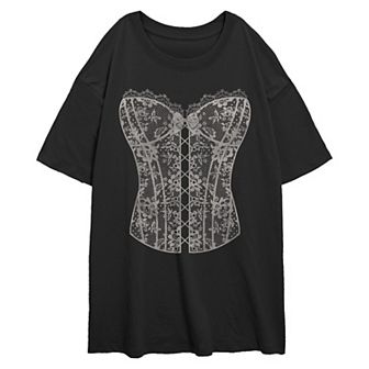Juniors' Lace Corset Oversized Graphic Tee
