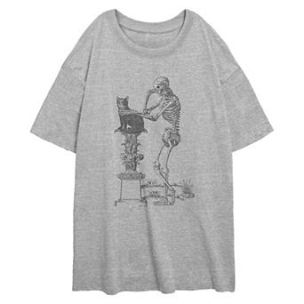 Juniors' Skeleton Petting Kitty Oversized Graphic Tee