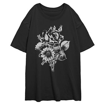 Juniors' Grunge Flowers Oversized Graphic Tee