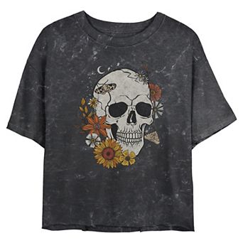 Juniors' Skull And Flowers Cropped Graphic Tee