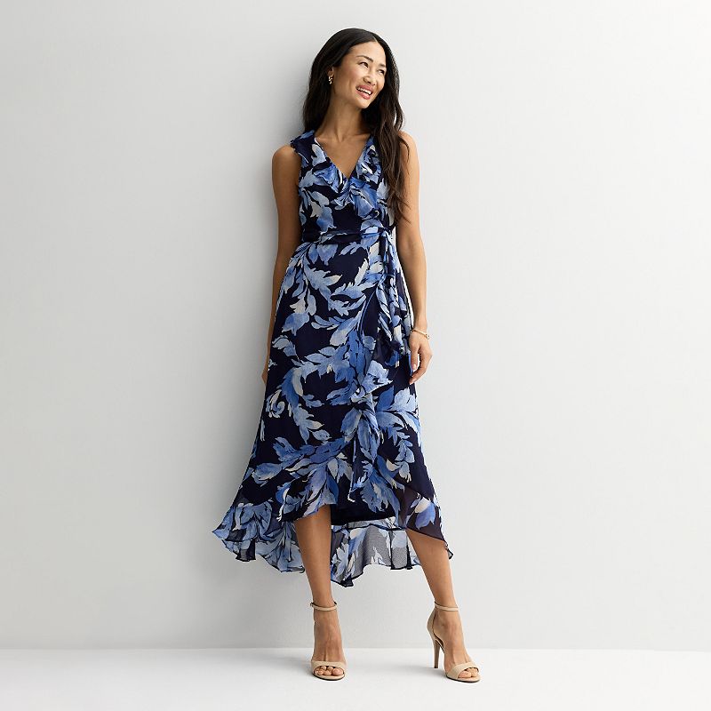 women's london times floral print sleeveless v-neck flowy maxi dress Wrap Side Tie Ruffle Features:Low Back
