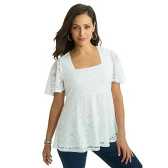 Jessica London Women's Plus Size Square Neck Lace Peplum Tunic