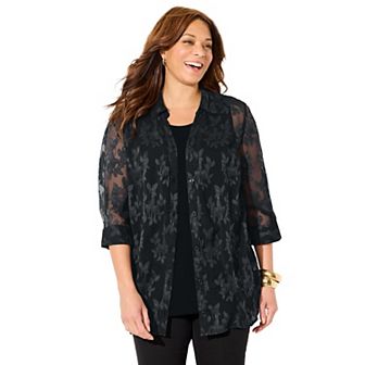 Catherines Women's Plus Size Petite Jacquard Buttonfront Shirt