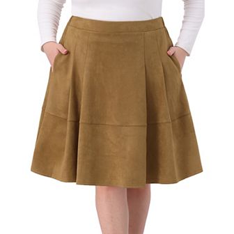 Plus Size Faux Suede Skirt For Women High Waist A Line with Pockets Elastic Midi Skirts