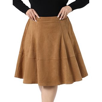 Plus Size Faux Suede Skirt For Women High Waist A Line with Pockets Elastic Midi Skirts