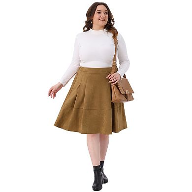 Plus Size Faux Suede Skirt For Women High Waist A Line with Pockets Elastic Midi Skirts