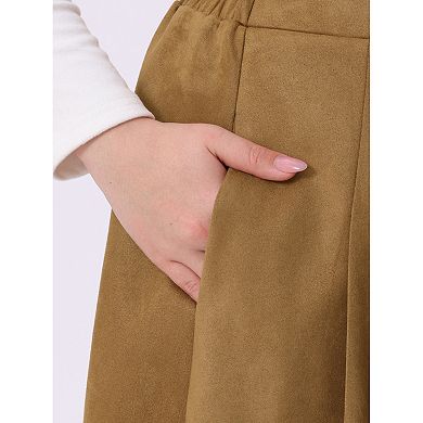 Plus Size Faux Suede Skirt For Women High Waist A Line with Pockets Elastic Midi Skirts