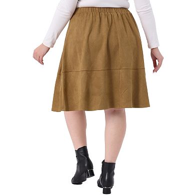 Plus Size Faux Suede Skirt For Women High Waist A Line with Pockets Elastic Midi Skirts