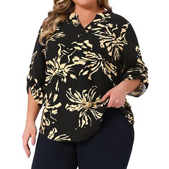 Plus Size Floral Blouses for Women 3/4 Rolled Sleeve Button Notch V Neck Shirts Top with Pockets