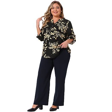 Plus Size Floral Blouses for Women 3/4 Rolled Sleeve Button Notch V Neck Shirts Top with Pockets