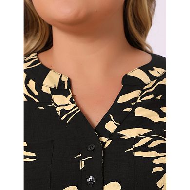 Plus Size Floral Blouses for Women 3/4 Rolled Sleeve Button Notch V Neck Shirts Top with Pockets