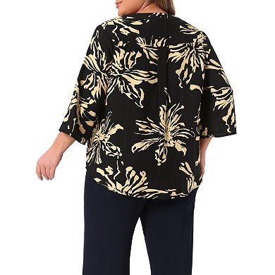 Plus Size Floral Blouses for Women 3/4 Rolled Sleeve Button Notch V Neck Shirts Top with Pockets
