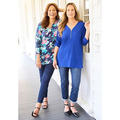 Catherines Women's Plus Size Dream Drape Zip V-Neck Top