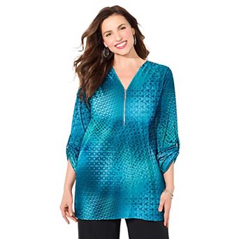 Catherines Women's Plus Size Dream Drape Zip V-Neck Top